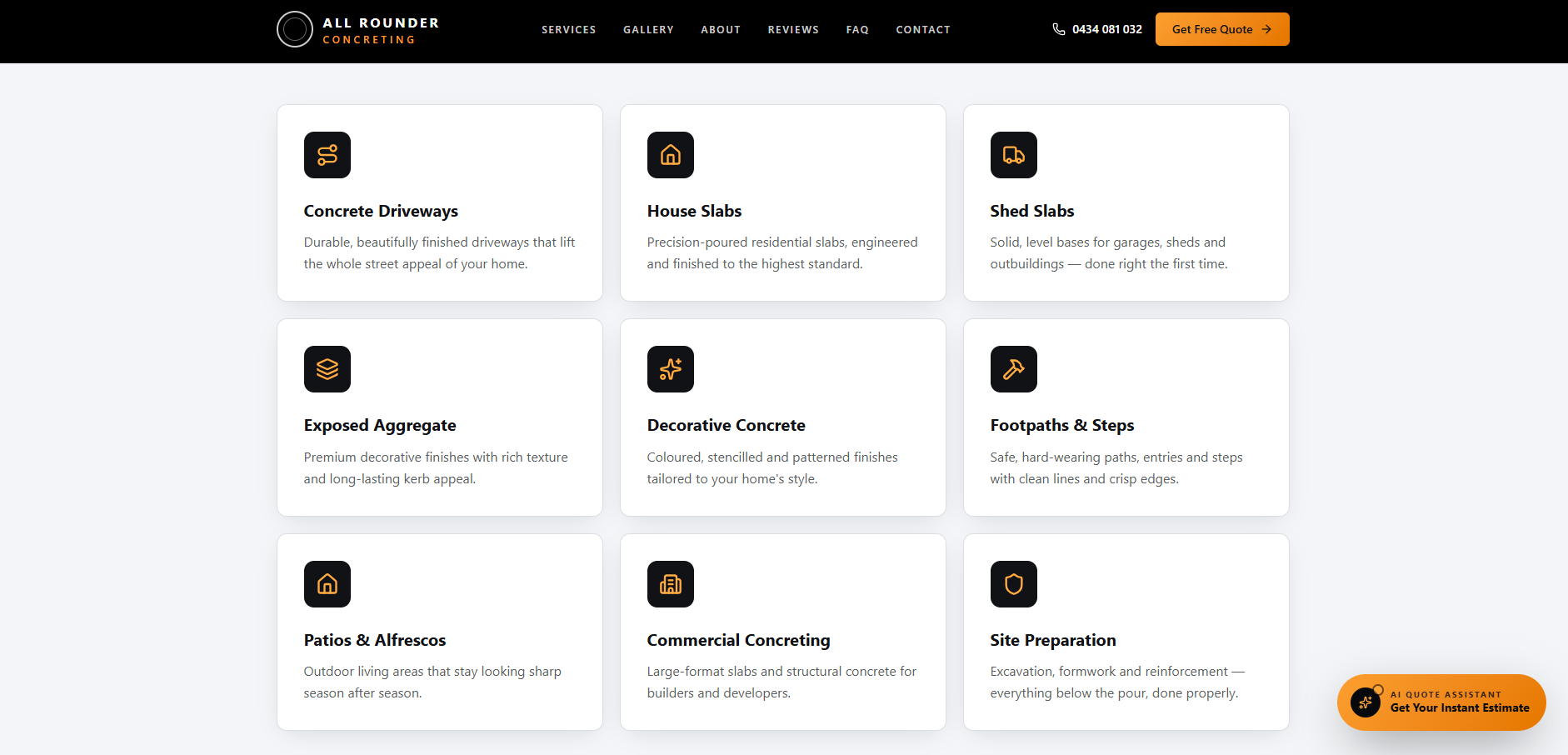 Services grid — nine concreting service categories